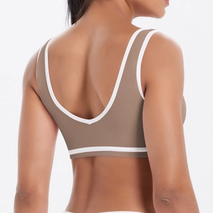 Soutien-gorge de yoga dos nu kaki avec bordures contrastées blanches et bretelles