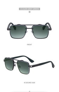 Front and 45-degree side views of gun gray square navigator sunglasses with green lenses