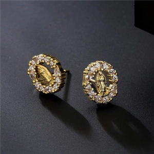 Exquisite gold-plated religious Virgin Mary stud earrings with micro-set zircon accents
