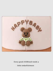 Detail of kids baseball cap featuring Happy Baby embroidery and 3D bear patch decoration
