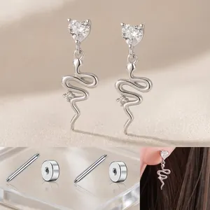 Boucles D'Oreilles Pendentif Serpent Acier Inoxydable Cœur Zircon Clou À Vis Bijoux De Piercing Couleur Argent Femme