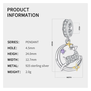 Detailed macro view of 925 silver Christmas deer and moon charm pendant with purple zircons