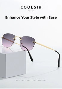 Detailed macro view of rimless sunglasses with purple gradient lenses and gold metal temples
