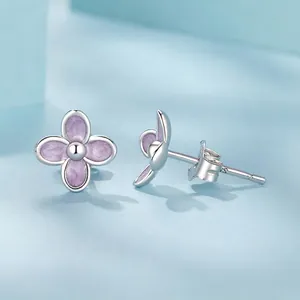 Minimalist S925 sterling silver lilac flower stud earrings with lavender enamel petals
