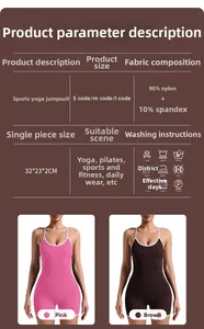 Detail view of pink and brown yoga rompers with 90% nylon 10% spandex fabric specifications