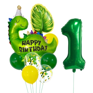 Détail du kit de fête dinosaure avec ballon dinosaure vert et chiffre un en aluminium