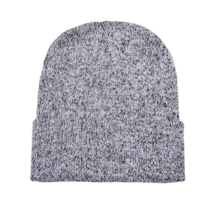 Close-up of grey marl knitted beanie with thick folded cuff and textured weave