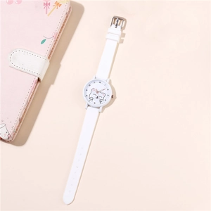 Pink quartz watch with white silicone strap and cute cartoon cat dial for girls