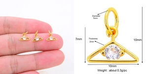 Detailed view of micro-set golden triangle charms with exact size and weight dimensions