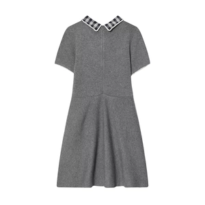 Grey short-sleeved knitted dress with black and white plaid Peter Pan collar details
