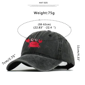 Detailed size chart showing dimensions and specifications for crab baseball cap