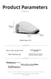 Detail view of grey cotton flat cap with texture analysis and size specifications
