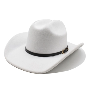 Classic white felt cowboy hat with a black leather belt and gold metal buckle detail
