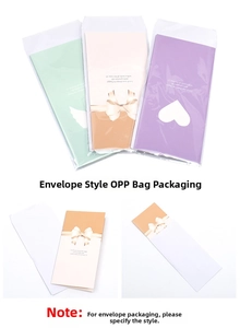 Macro detail of multi-color greeting card envelopes with bow motifs in OPP packaging