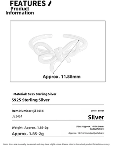 Detailed specs of the S925 sterling silver bow ring with 16.9mm adjustable band size