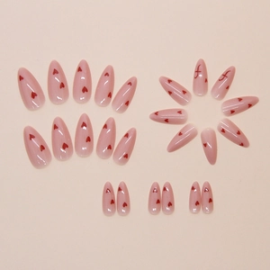Sweet almond press-on nails set with red heart patterns and stylish letter f detail
