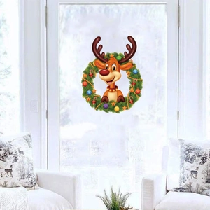 Christmas reindeer wreath window sticker for holiday home decor in a bright living room