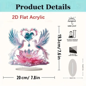 Detail of 2D acrylic stand with doves and lotus flower, including precise dimensions