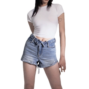 Women's modal slim fit white T-shirt and high waist denim shorts set on white background