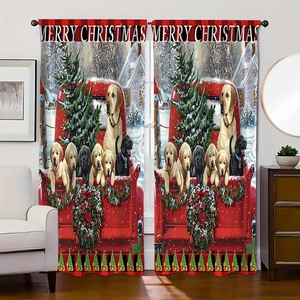 Close-up of festive Christmas curtain with Labrador dogs and red holiday truck design