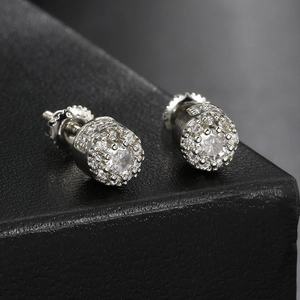Hip hop style silver plated round stud earrings with shimmering halo cubic zirconia stones