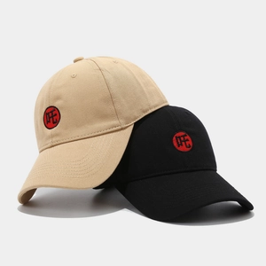 Unisex baseball caps in black and beige with stylish red embroidered Chinese character