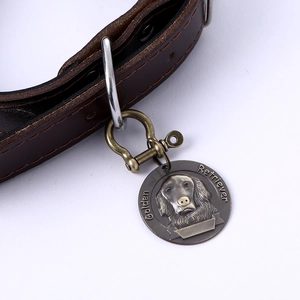 Detail of leather pet collar with antique bronze ID tag and golden retriever engraving