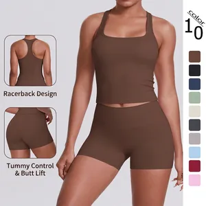 Ensemble Top And Bottom Femme Brassière Sport Dos Nageur Et Short Taille Haute Couleur Unie Brossé Tenue De Sport