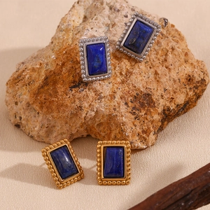 Vintage 18K gold plated stainless steel stud earrings with rectangular lapis lazuli stones