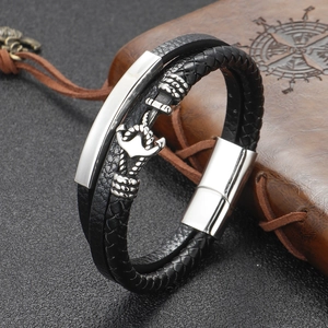 Men's double-layer black braided leather bracelet with silver metal anchor clasp