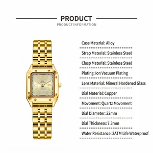 Vintage square gold watch for women with 22mm dial and stainless steel mesh strap