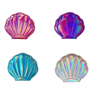 Set of four holographic shell-shaped portable makeup mirrors in magenta, purple, blue, and silver