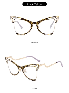 Detailed views of black yellow patterned cat-eye glasses frame with gold metal temples