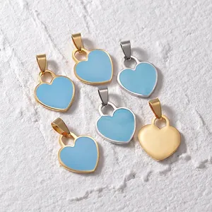 Heart Charm Pendant Blue Enamel Stainless Steel For DIY Jewelry Making Minimalist Style Necklace Accessories