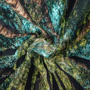 Detail of bohemian forest tapestry showing digital print fabric texture and soft drape