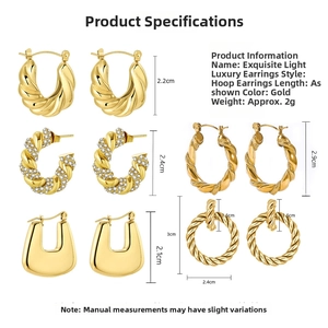 Detailed view of various gold-plated stainless steel earrings with size specifications