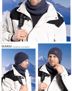 Detailed view of dark purple winter knitted beanie and neck warmer set with fleece lining