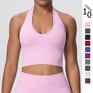 Halter Neck Sports Bra Ribbed Seamless Yoga Crop Top Breathable Backless Fitness Gym Workout Vest Women