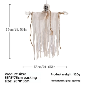 Detailed size specifications for a hanging Halloween ghost with white gauze and skull head