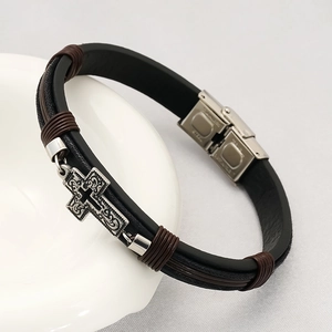 Multilayer black leather cross bracelet with stainless steel clasp and braided ropes