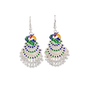 Ethnic peacock enamel dangle earrings with silver finish and colorful peacock bell charms