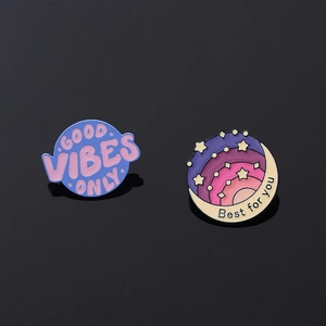 Creative enamel pin set featuring Good Vibes Only and Best for you celestial designs