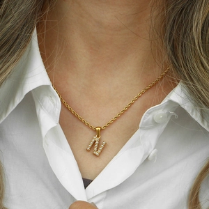 18K gold plated twist chain necklace featuring a white pearl M-shaped letter pendant