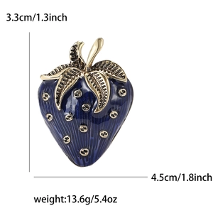 Detail view of blue enamel strawberry brooch showing dimensions 4.5cm and weight 13.6g