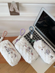 Quilted Cotton Makeup Bag Cute Cartoon Elephant Cat Embroidery Pencil Case For Women Japanese Style Pouch Braided Handle