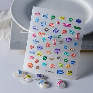 5D embossed candy color nail stickers with 3D letters and pop art symbols on white nails