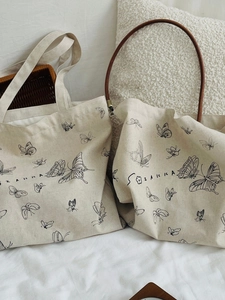 Butterfly Print Canvas Tote Bag Large Capacity Vintage Korean Style Shoulder Handbag For Women Daily Travel