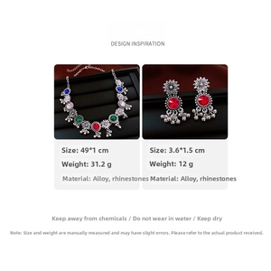 Detail view of French floral jewelry set with multicolored rhinestones and vintage engraving