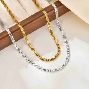Flat mesh woven stainless steel necklace chains in gold and silver finishes