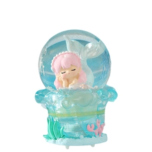 Luminous cartoon mermaid crystal ball snow globe with blue coral reef resin base